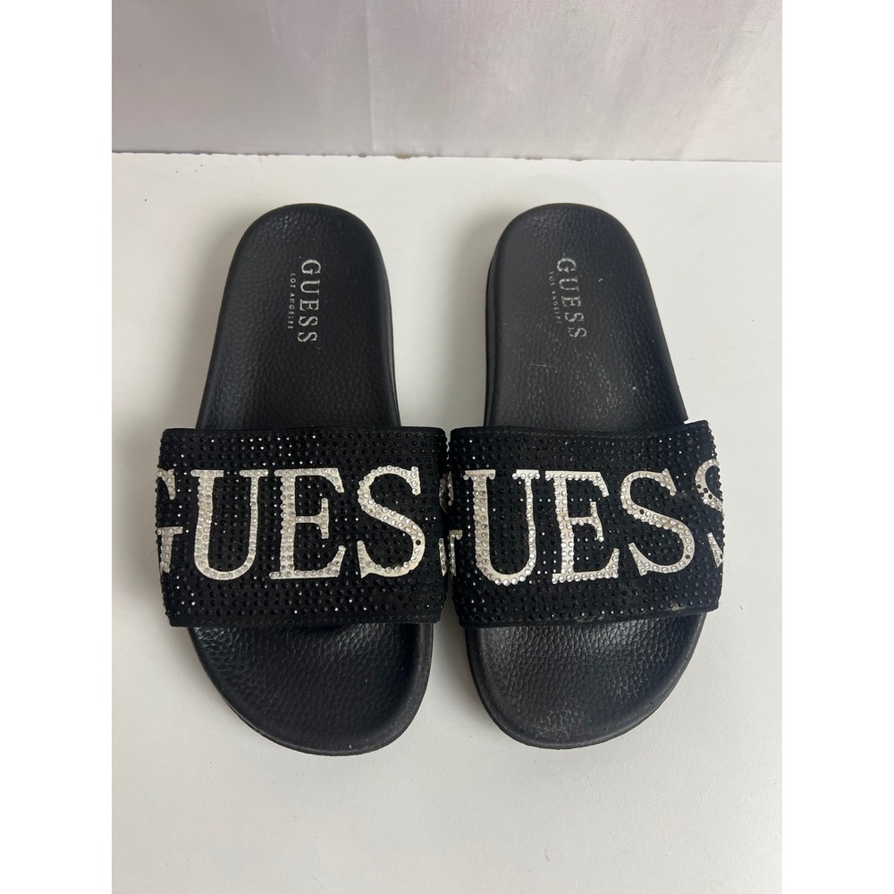 Guess Los Angeles Kids Black Rhinestone Logo Slide Sandals Size 230 23cm